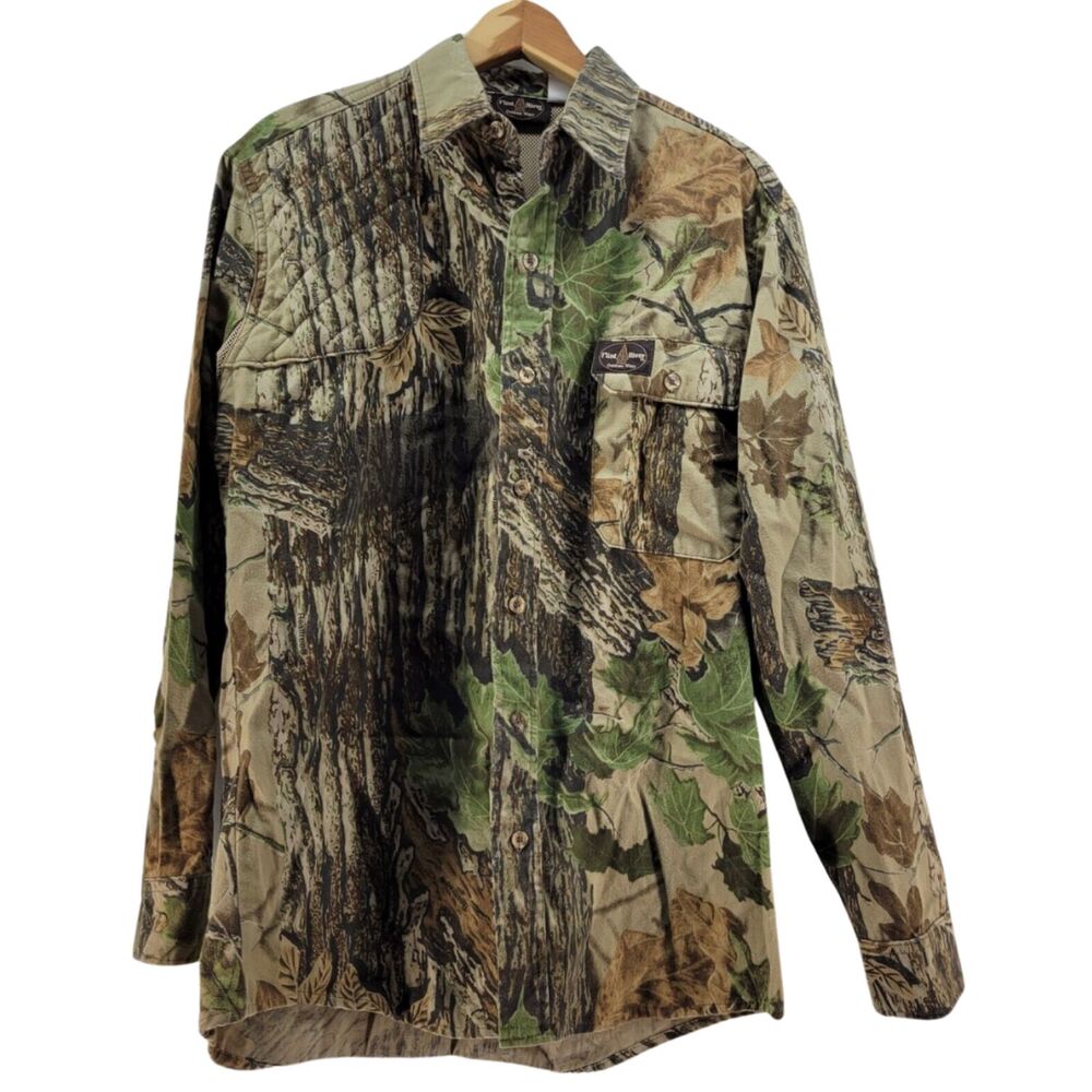 VTG Flint River Flannel Shirt Mens Medium Hunting Shooting Camo Button Vented
